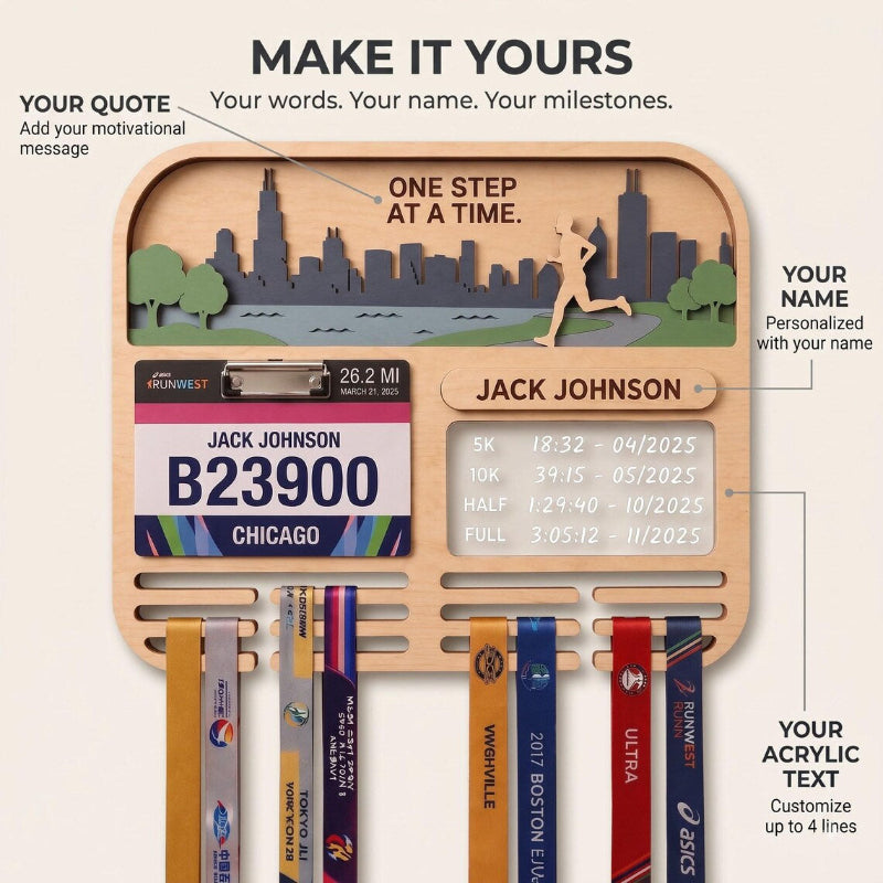 Chicago Marathon Medal Holder, Personalized Running Medal Hanger, Optional Race Bib Display and Tracker
