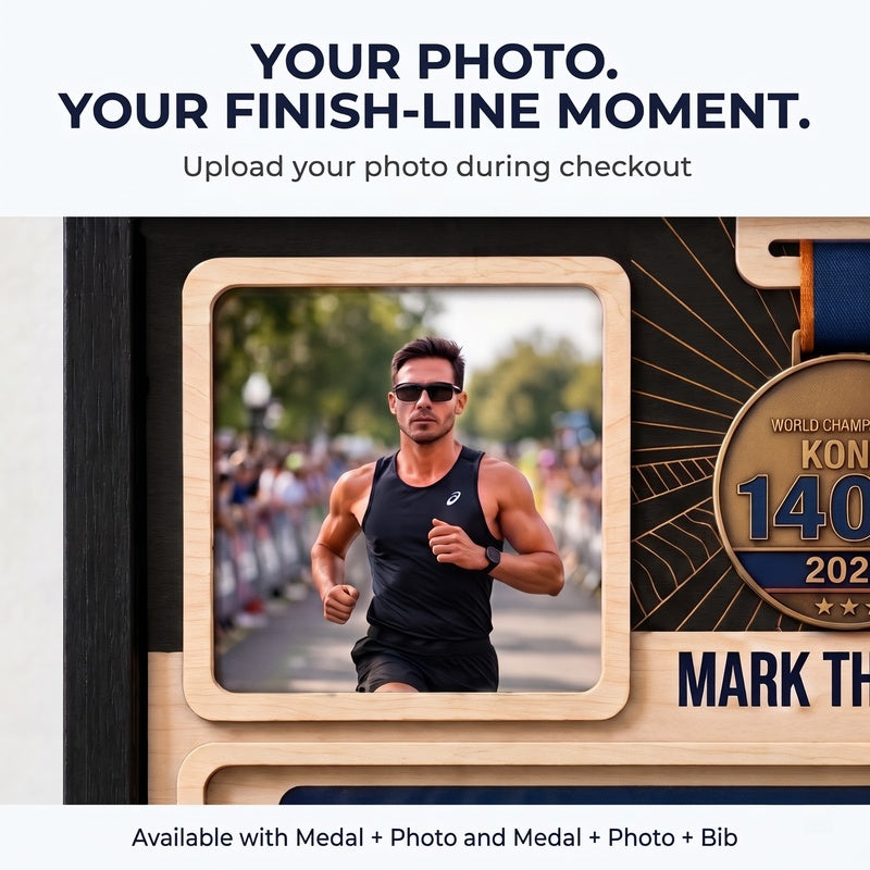 Kona Triathlon Medal Display, Personalized Medal Hanger with Photo, Race Bib & Route Options, Triathlete Gift