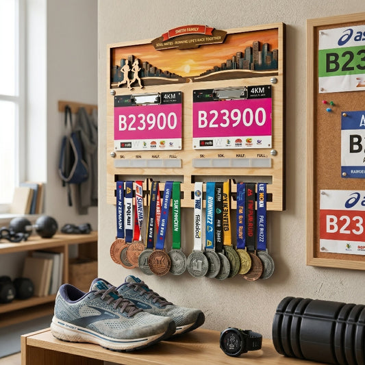 Personalized Couple’s Running Medal and Bib Display Sunset Theme, Custom Marathon Medal Holder for Couples, Wooden Race Achievement Wall Decor, Gift for Runners