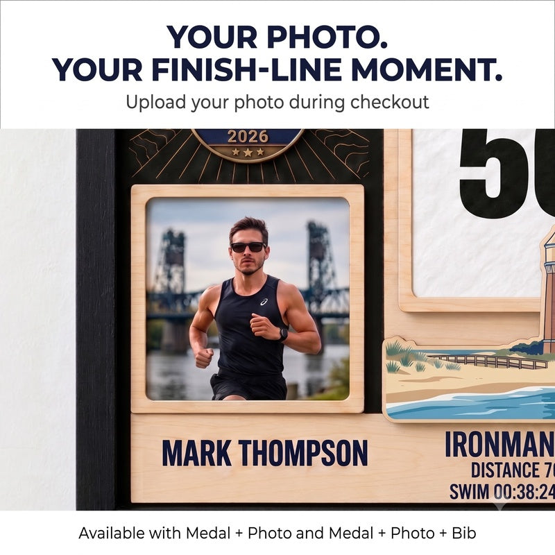 New York Triathlon Medal Display, Personalized Medal Hanger with Photo, Race Bib & Route Options, Triathlete Gift