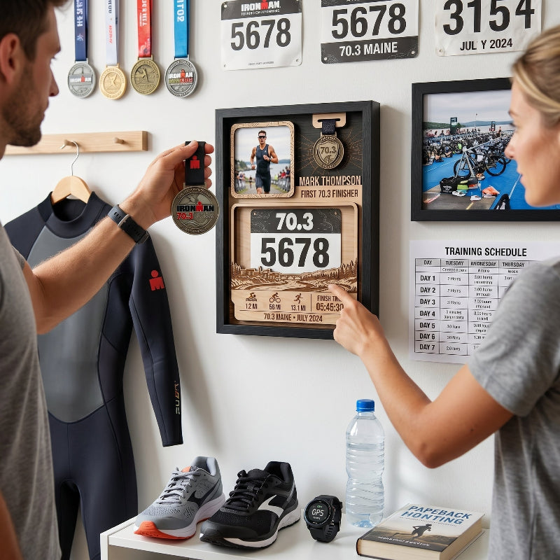 First 70.3 Triathlon Bib and Medal Display, Personalized Maine Race Bib Holder, Custom Triathlon Gift