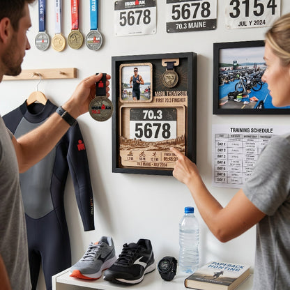 First 70.3 Triathlon Bib and Medal Display, Personalized Maine Race Bib Holder, Custom Triathlon Gift