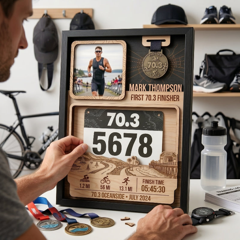 Triathlon Bib and Medal Display for First 70.3, Personalized Oceanside Race Keepsake, Custom Race Bib Holder