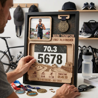 Triathlon Bib and Medal Display for First 70.3, Personalized Oceanside Race Keepsake, Custom Race Bib Holder