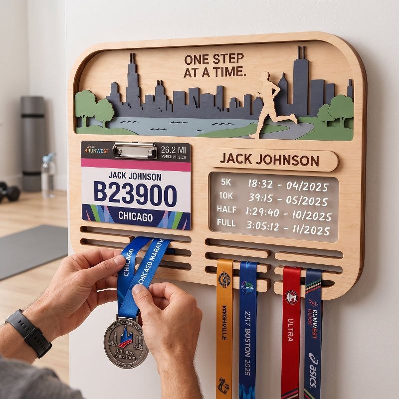Running Medal Holder Race Bib Display Custom Medal Hanger Chicago Marathon Gift for Runners