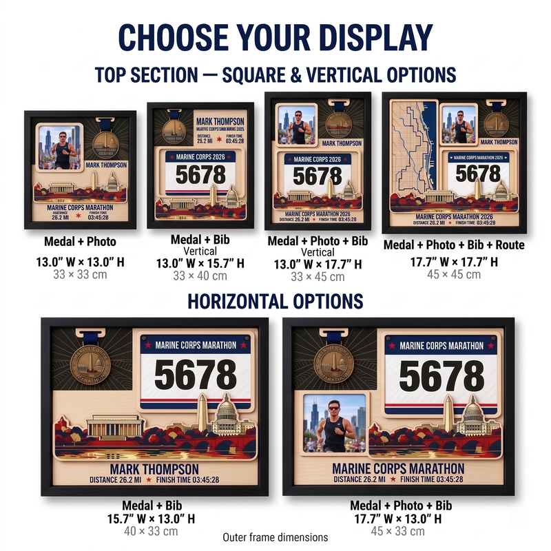 Marine Corps Marathon Medal Display, Personalized Race Bib and Photo Frame, Layered Design with Route Map Option