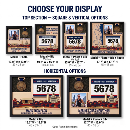 Marine Corps Marathon Medal Display, Personalized Race Bib and Photo Frame, Layered Design with Route Map Option