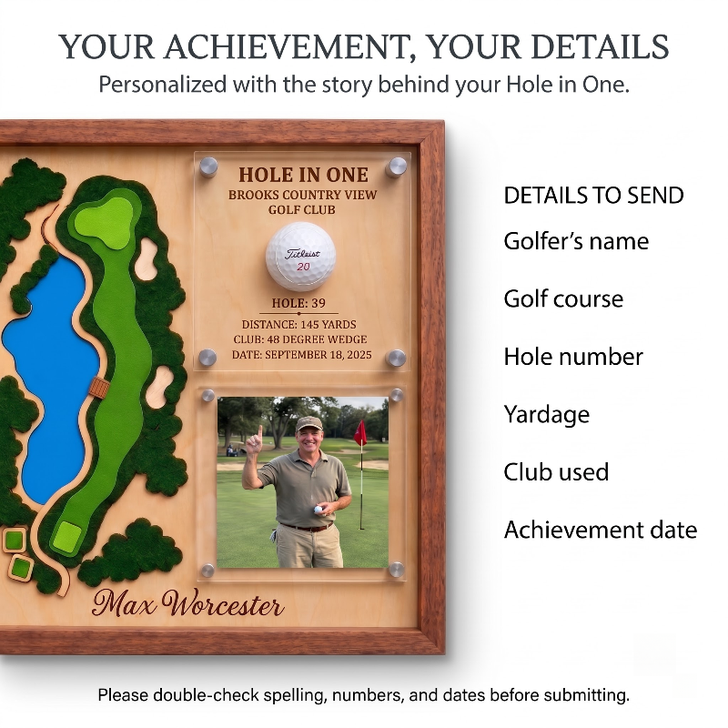 Hole in One Acrylic Display, Personalized Golf Course Map, Ball & Photo Frame, Custom Golf Gift