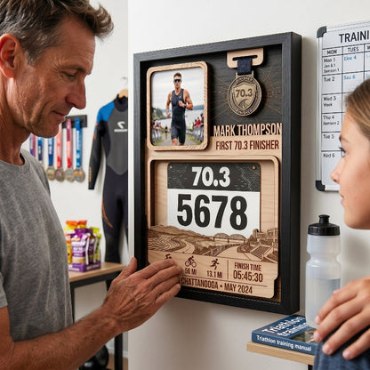 Custom First 70.3 Triathlon Display, Chattanooga Race Bib Holder, Personalized Bib and Medal Keepsake