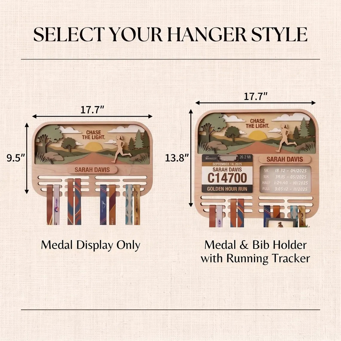 Personalized Running Medal Holder & Race Bib Display, Wooden Marathon Medal Hanger, Sunset Run Design