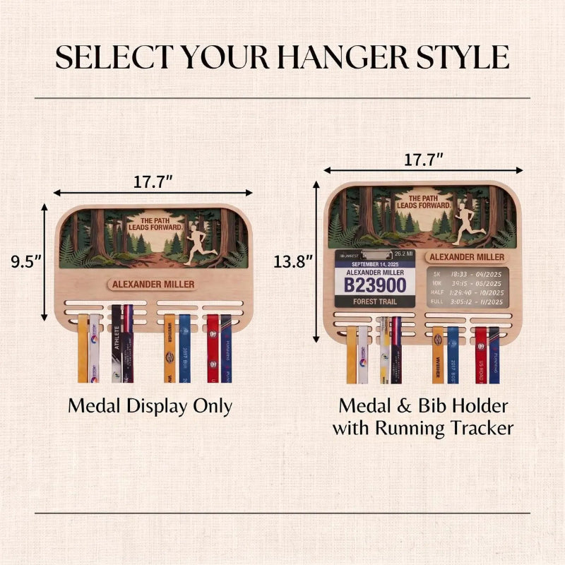 Personalized Running Medal Holder, Forest Trail Running Design, Race Bib Display & Optional Tracker