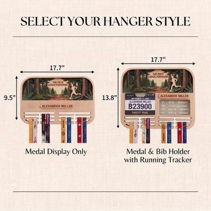 Personalized Running Medal Holder, Forest Trail Running Design, Race Bib Display & Optional Tracker