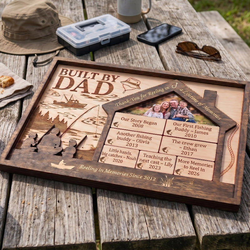 Reeling In Memories Built By Dad Wooden Sign, Personalized Fishing Gift for Dad, Father’s Day Gift, Custom Family Timeline Plaque