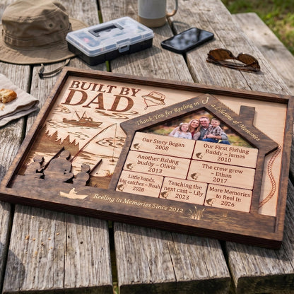 Reeling In Memories Built By Dad Wooden Sign, Personalized Fishing Gift for Dad, Father’s Day Gift, Custom Family Timeline Plaque