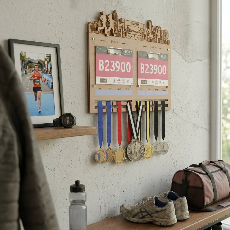 Personalized Couple’s Running Medal and Bib Display, Custom Marathon Medal Holder for Couples, Wooden Race Achievement Wall Decor, Gift for Runners