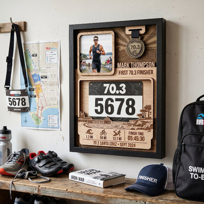 First 70.3 Triathlon Bib and Medal Display, Personalized Santa Cruz Race Bib Holder, Custom Triathlon Medal Hanger