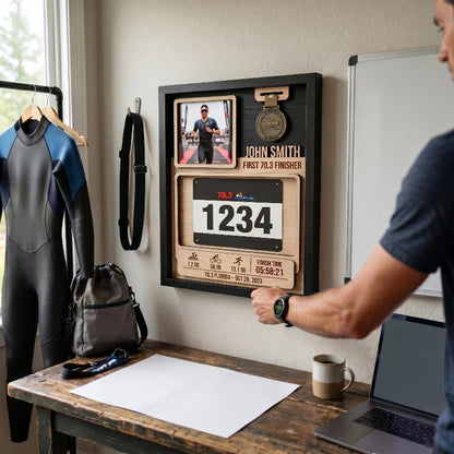 First 70.3 Triathlon Bib and Medal Display, Personalized Race Bib Holder, Half Distance Finisher Gift