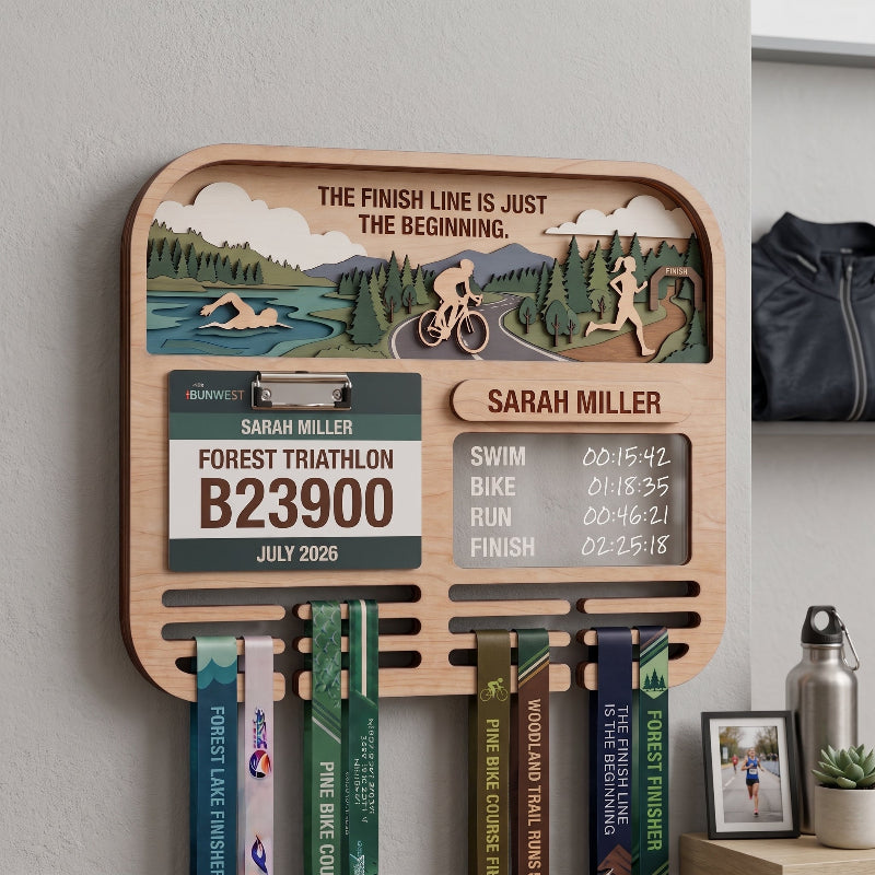 Layered Triathlon Medal Display, Forest Race Bib Holder & Custom Medal Hanger, Triathlete Gift, Race Day Keepsake