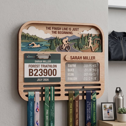 Layered Triathlon Medal Display, Forest Race Bib Holder & Custom Medal Hanger, Triathlete Gift, Race Day Keepsake