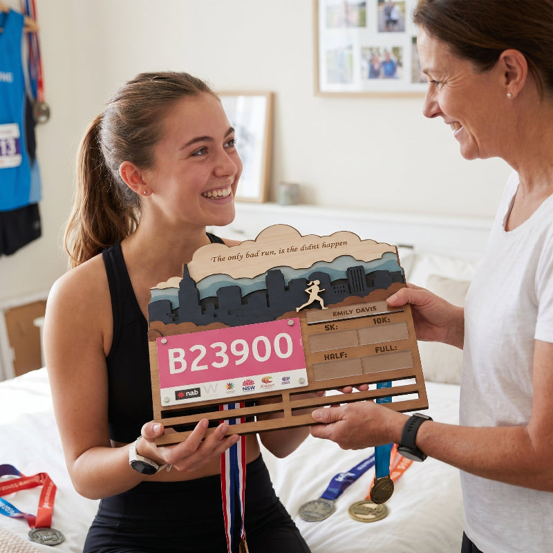 Custom 3D Running Medal and Bib Display, Personalized Marathon Medal Holder, Wooden Race Achievement Wall Decor, Gift for Runners