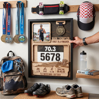 First 70.3 Triathlon Bib and Medal Display, Personalized Musselman Race Bib Holder, Custom Triathlon Medal Hanger