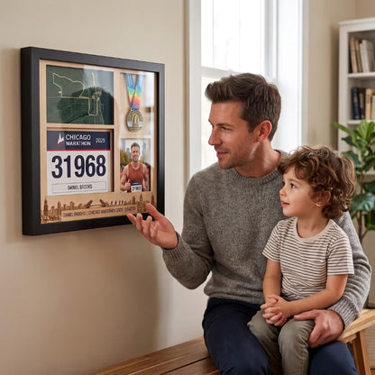 Chicago Marathon Shadow Box Display, Race Bib Medal and Photo Holder, Personalized Running Memory Box for Marathon Runners