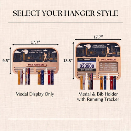 Personalized Running Medal Display, City Night Run Medal Hanger, Optional Race Bib Holder and Tracker