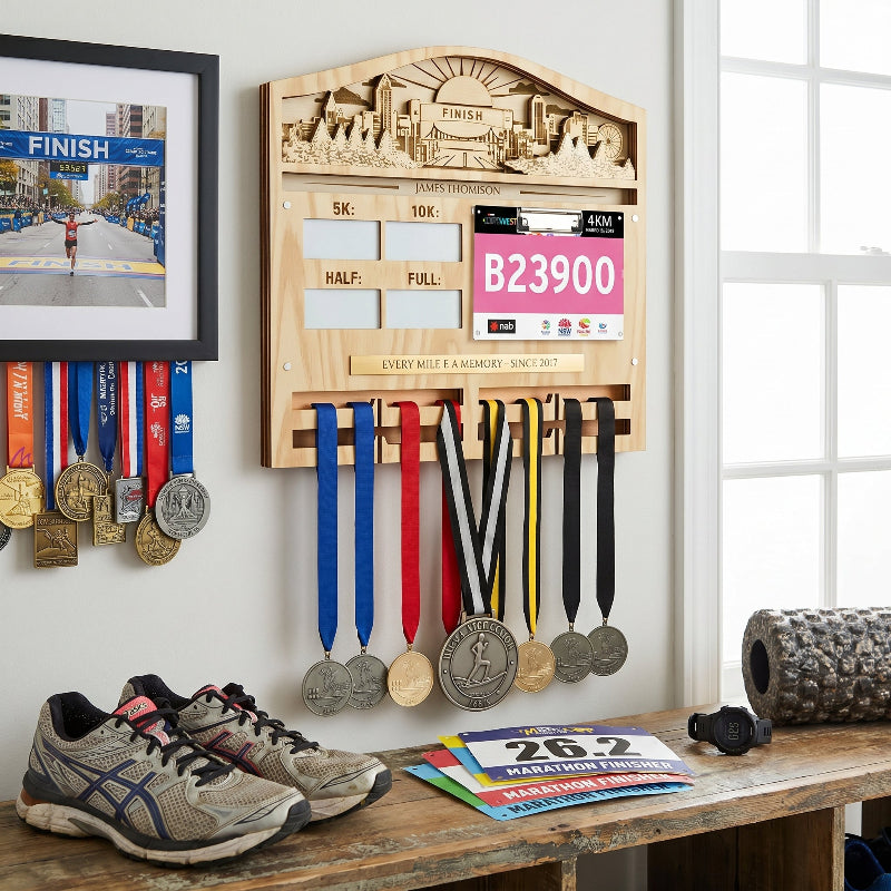 Personalized 3D Running Milestone and Bib Display, Custom Marathon Medal Holder, Wooden Race Achievement Wall Decor, Gift for Runners