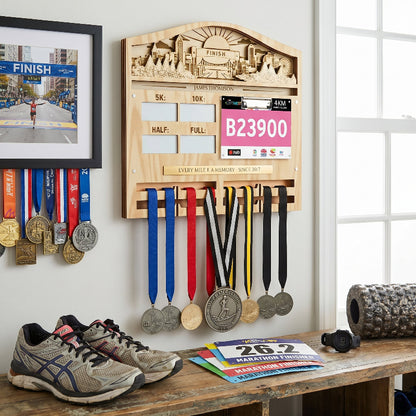 Personalized 3D Running Milestone and Bib Display, Custom Marathon Medal Holder, Wooden Race Achievement Wall Decor, Gift for Runners