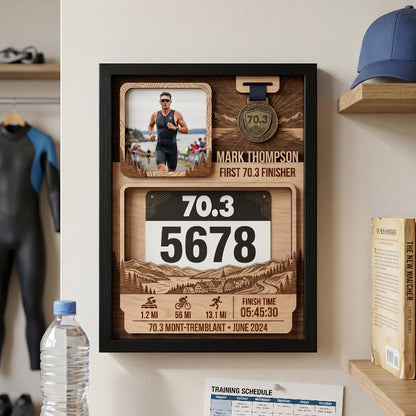 Custom Triathlon Bib and Medal Display, First 70.3 Tremblant Race Bib Holder, Personalized Finisher Keepsake