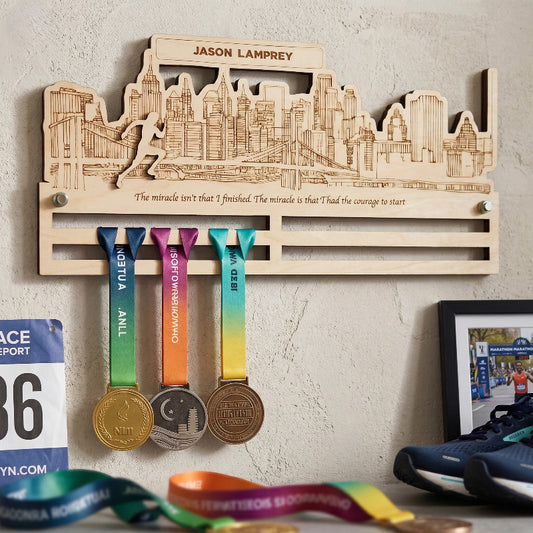 City Runner Medal Wooden Hanger, Personalized Marathon Medal Display, Custom Running Achievement Holder, Gift for Runners