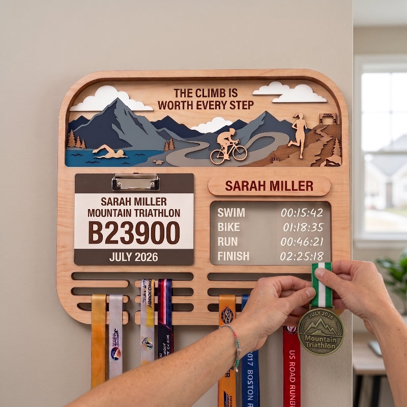 Personalized Triathlon Medal Holder, Layered Mountain Medal Display, Optional Race Bib Holder, Triathlete Gift