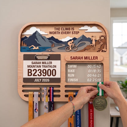 Personalized Triathlon Medal Holder, Layered Mountain Medal Display, Optional Race Bib Holder, Triathlete Gift