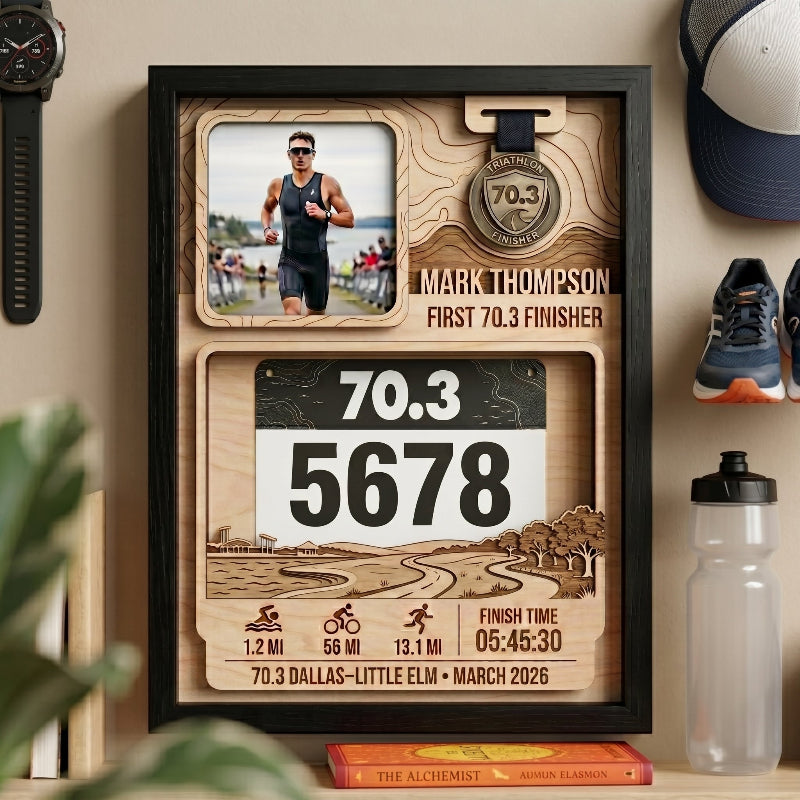 Personalized First 70.3 Race Bib Display, Dallas Triathlon Medal Holder, Custom Bib and Medal Display Gift