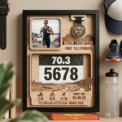 Personalized First 70.3 Race Bib Display, Dallas Triathlon Medal Holder, Custom Bib and Medal Display Gift