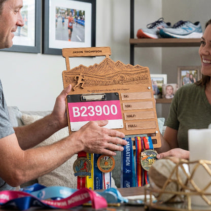 Personalized Running Medal and Bibs Holder With Name, Custom Marathon Medal Display, Wooden Race Bib Organizer, Gift for Runners