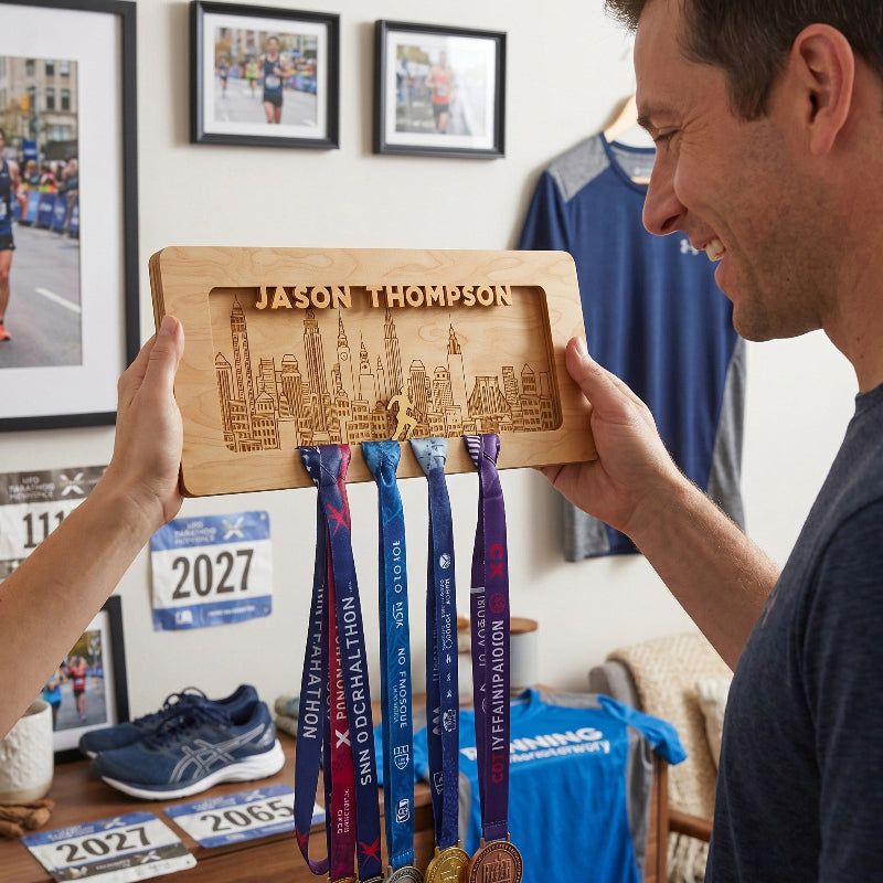Personalized Running Medal Holder With Name, Custom Marathon Medal Display, Wooden Race Award Hanger, Gift for Runners