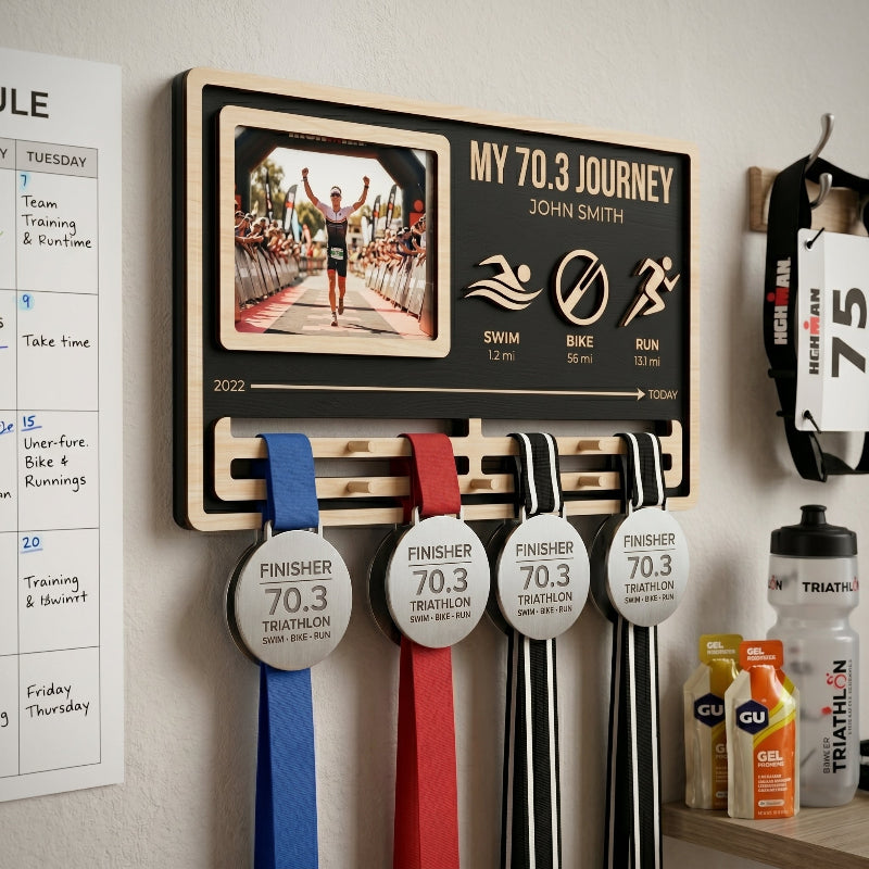 My Journey Triathlon Medal Holder, Personalized 70.3 Medal Display, Custom Wooden Medal Hanger, Gift for Triathletes