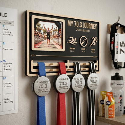My Journey Triathlon Medal Holder, Personalized 70.3 Medal Display, Custom Wooden Medal Hanger, Gift for Triathletes