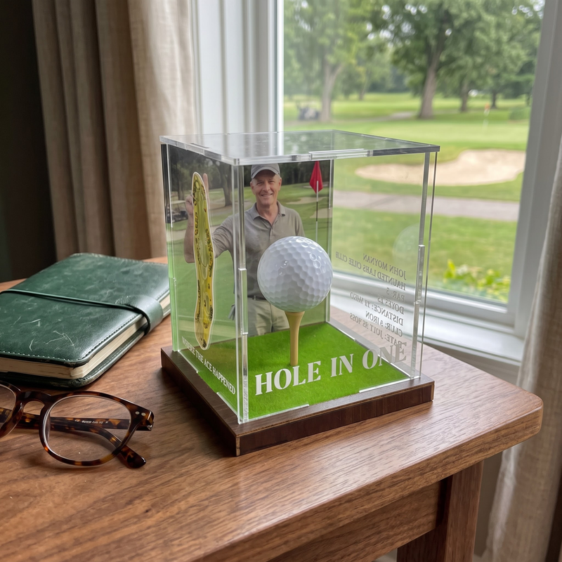 Hole in One Display with Photo, Personalized Golf Ball & Course Map Mica Box, Custom Golf Gift for Dad, Golf Keepsake for Him