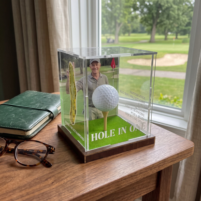 Hole in One Display with Photo, Personalized Golf Ball & Course Map Mica Box, Custom Golf Gift for Dad, Golf Keepsake for Him