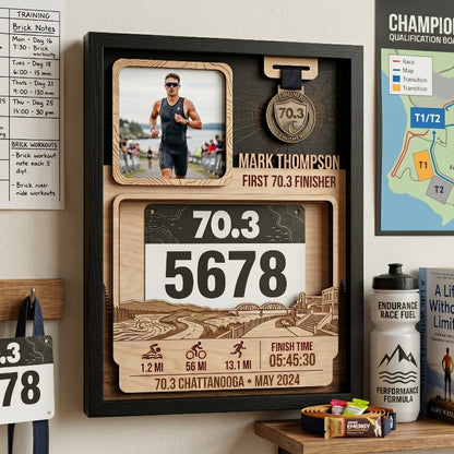 Custom First 70.3 Triathlon Display, Chattanooga Race Bib Holder, Personalized Bib and Medal Keepsake