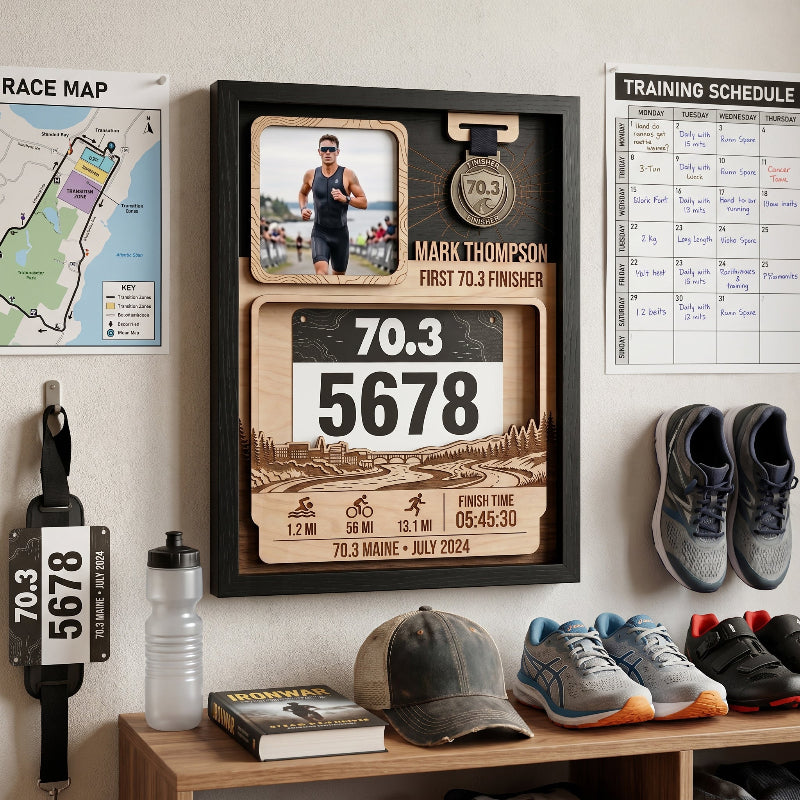First 70.3 Triathlon Bib and Medal Display, Personalized Maine Race Bib Holder, Custom Triathlon Gift