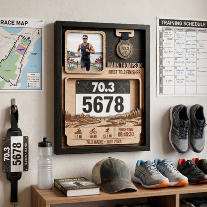 First 70.3 Triathlon Bib and Medal Display, Personalized Maine Race Bib Holder, Custom Triathlon Gift