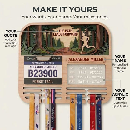 Personalized Running Medal Holder, Forest Trail Running Design, Race Bib Display & Optional Tracker