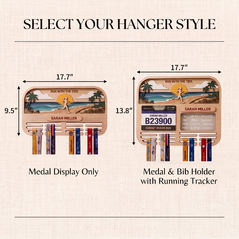 Personalized Running Medal Holder, Sunset Beach Design, Race Bib Display with Optional Running Tracker