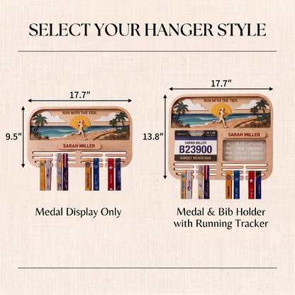 Personalized Running Medal Holder, Sunset Beach Design, Race Bib Display with Optional Running Tracker