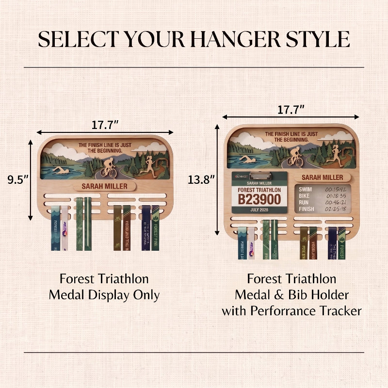 Layered Triathlon Medal Display, Forest Race Bib Holder & Custom Medal Hanger, Triathlete Gift, Race Day Keepsake