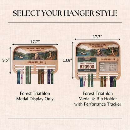 Layered Triathlon Medal Display, Forest Race Bib Holder & Custom Medal Hanger, Triathlete Gift, Race Day Keepsake