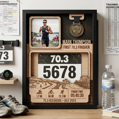 Triathlon Bib and Medal Display for First 70.3, Personalized Oceanside Race Keepsake, Custom Race Bib Holder